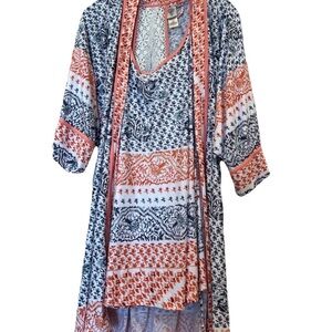 NWT Women's Navy & Coral Patterned Chemise with Matching Robe